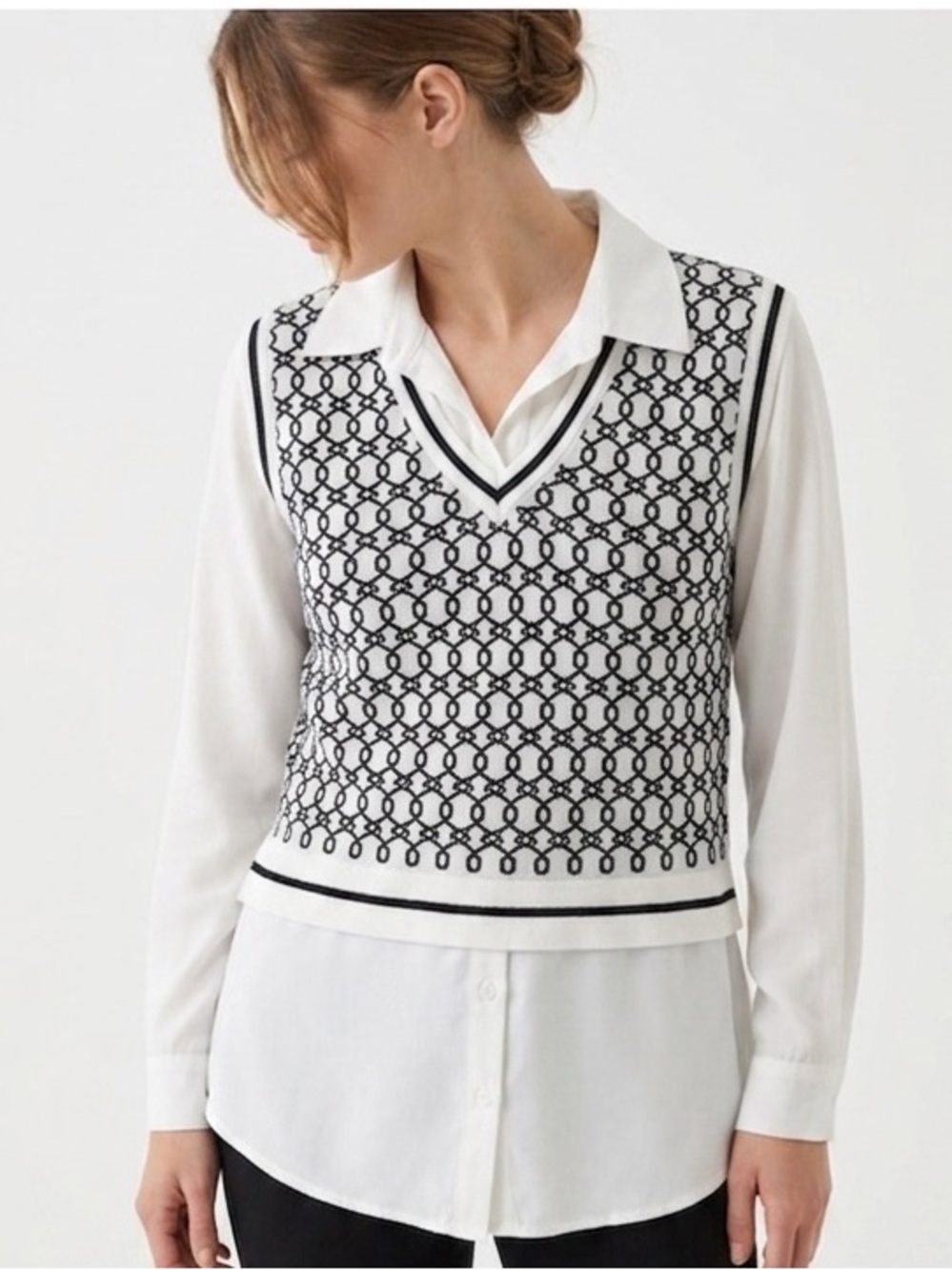 Adrianna Papell Black and White minimalist Geometric Sweater Vest with Shirt